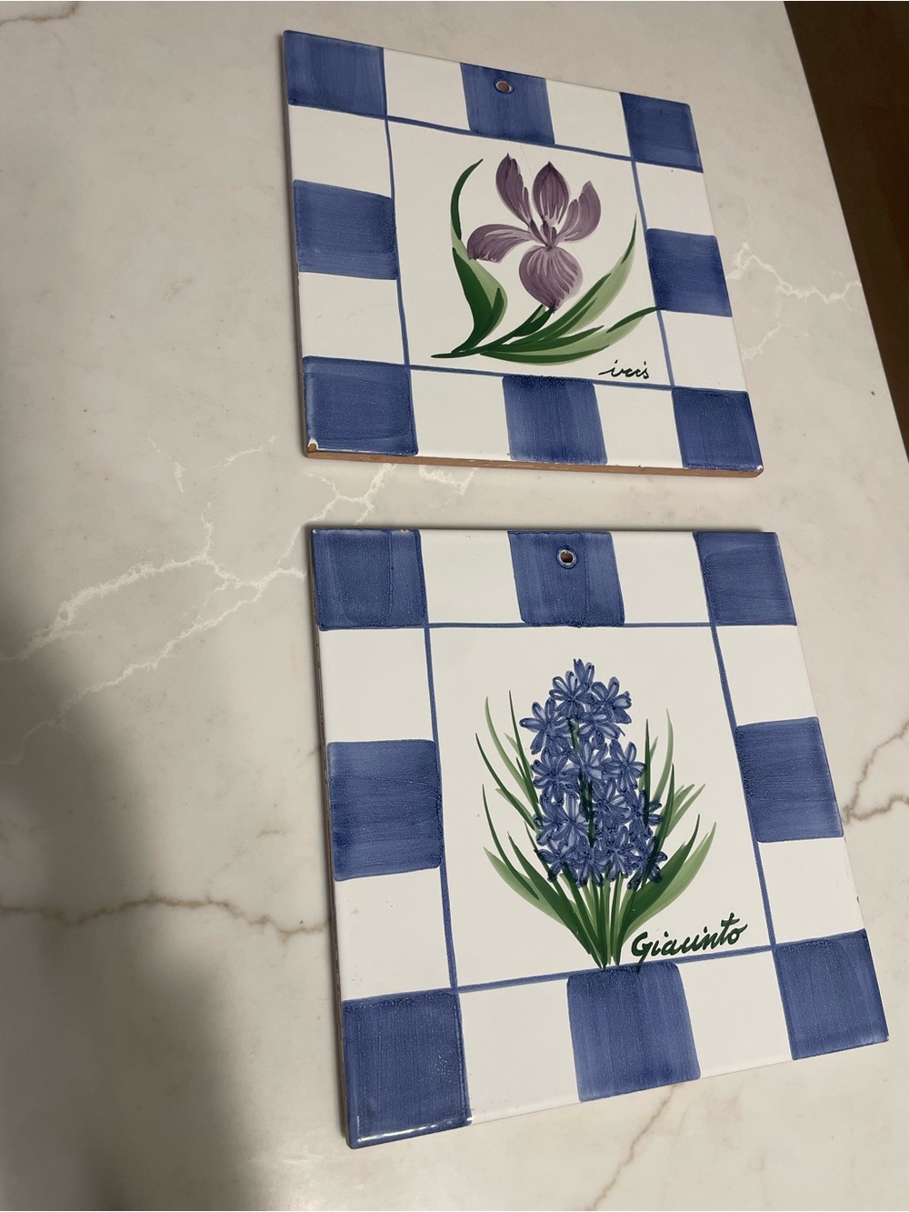 Hand painted Floral Ceramic Tiles (Pair) 8x8 made in Italy